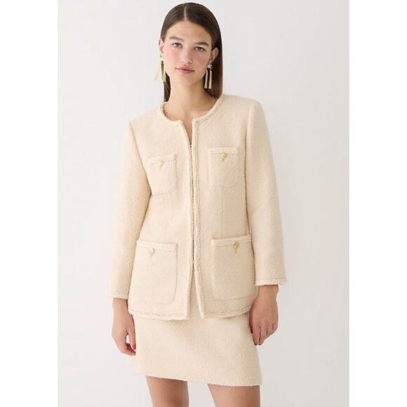 NWT J Crew Women’s Size 4 Ivory Long Lady jacket Wool Blend Tweed Boucle BM556 - Picture 1 of 16
